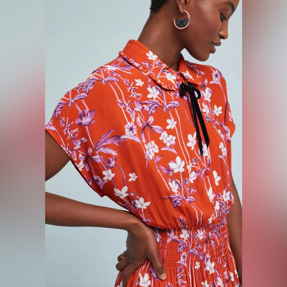 Rare Corey Lynn Calter orange & purple flower Clementine dress with velvet tie - Picture 2 of 10